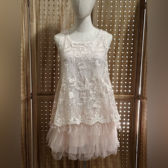 POL Blush Lace Tulle Embroidered Babydoll Dress | A-Line Mini | Size S - Picture 2 of 8